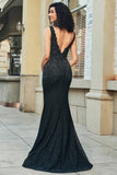 Sparkly Mermaid Deep V Neck Black Lace Long Formal Dress with Beading