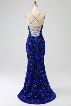 Sparkly Royal Blue Mermaid Spaghetti Straps Sequin Long Formal Dress With Slit