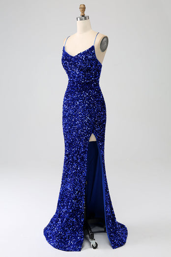 Sparkly Royal Blue Mermaid Spaghetti Straps Sequin Long Formal Dress With Slit