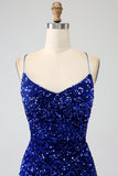 Sparkly Royal Blue Mermaid Spaghetti Straps Sequin Long Formal Dress With Slit