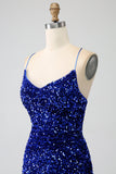 Sparkly Royal Blue Mermaid Spaghetti Straps Sequin Long Formal Dress With Slit