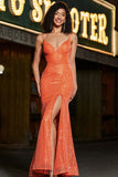 Sparkly Orange Mermaid Spaghetti Straps Sequins Formal Dress With Slit