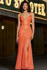 Load image into Gallery viewer, Sparkly Orange Mermaid Spaghetti Straps Sequins Formal Dress With Slit