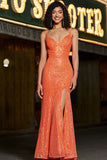 Sparkly Orange Mermaid Spaghetti Straps Sequins Formal Dress With Slit