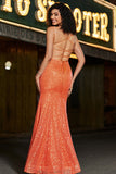 Sparkly Orange Mermaid Spaghetti Straps Sequins Formal Dress With Slit