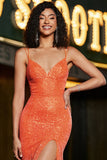 Sparkly Orange Mermaid Spaghetti Straps Sequins Formal Dress With Slit