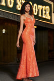 Sparkly Orange Mermaid Spaghetti Straps Sequins Formal Dress With Slit