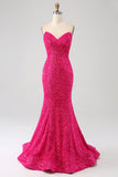 Sparkly Mermaid Sweetheart Hot Pink Sequins Long Formal Dress