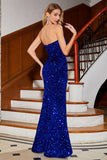 Mermaid Strapless Sequins Long Royal Blue Formal Dress With Slit