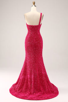 Sparkly Fuchsia Mermaid One Shoulder Long Sequin Formal Dress with Slit