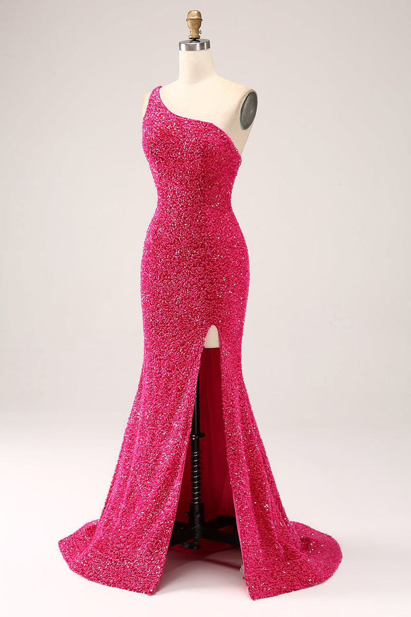 Load image into Gallery viewer, Sparkly Fuchsia Mermaid One Shoulder Long Sequin Formal Dress with Slit