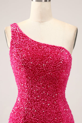 Sparkly Fuchsia Mermaid One Shoulder Long Sequin Formal Dress with Slit
