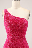 Sparkly Fuchsia Mermaid One Shoulder Long Sequin Formal Dress with Slit