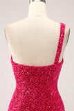 Sparkly Fuchsia Mermaid One Shoulder Long Sequin Formal Dress with Slit