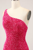 Sparkly Fuchsia Mermaid One Shoulder Long Sequin Formal Dress with Slit