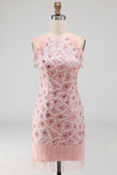 Sparkly Blush Tight Short Ruffled Beaded Halter Cocktail Dress with Fringes