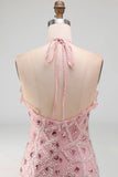 Sparkly Blush Tight Short Ruffled Beaded Halter Cocktail Dress with Fringes