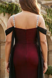 Black Red Cold Shoulder Sheath Long Plus Size Bridesmaid Dress