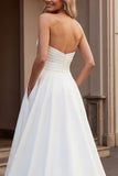 Simple Ivory Strapless A Line Satin Sweep Train Wedding Dress
