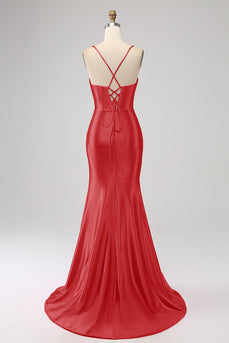 Stunning Red Mermaid Spaghetti Straps Corset Formal Dress with Slit Front