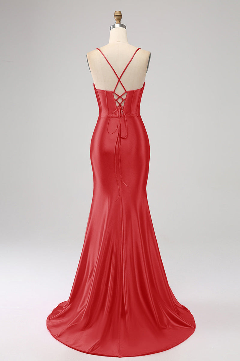 Load image into Gallery viewer, Stunning Red Mermaid Spaghetti Straps Corset Formal Dress with Slit Front