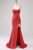 Stunning Red Mermaid Spaghetti Straps Corset Formal Dress with Slit Front