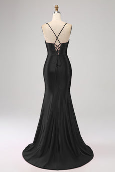 Stunning Black Mermaid Spaghetti Straps Corset Formal Dress with Slit Front