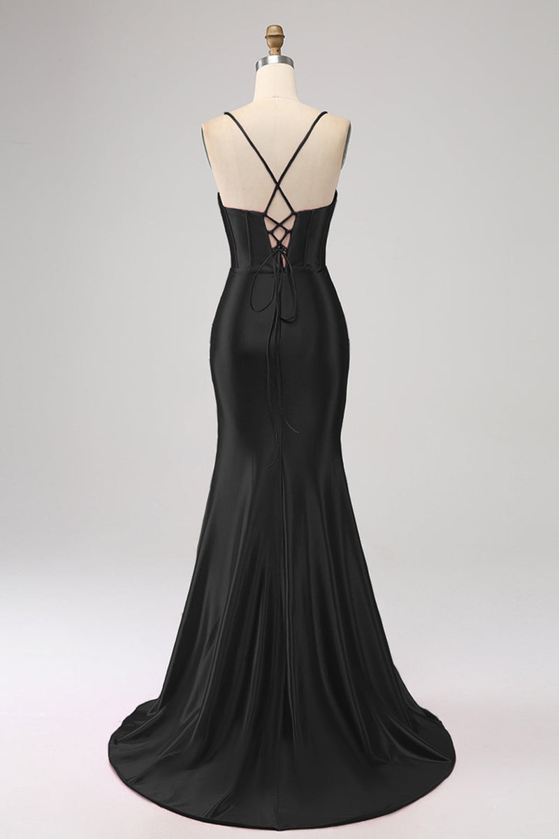 Load image into Gallery viewer, Stunning Black Mermaid Spaghetti Straps Corset Formal Dress with Slit Front