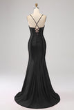 Stunning Black Mermaid Spaghetti Straps Corset Formal Dress with Slit Front