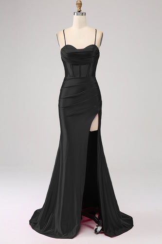 Stunning Black Mermaid Spaghetti Straps Corset Formal Dress with Slit Front