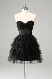 Sparkly A Line Black Sweetheart Tiered Corset Cute Cocktail Dress