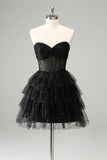 Sparkly A-Line Black Sweetheart Tiered Corset Cocktail Dress