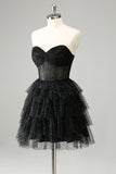 Sparkly A-Line Black Sweetheart Tiered Corset Cocktail Dress