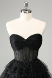 Sparkly A Line Black Sweetheart Tiered Corset Cute Cocktail Dress