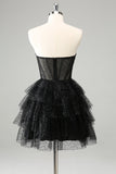 Sparkly A-Line Black Sweetheart Tiered Corset Cocktail Dress