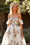 White Tulle Embroidered Off the Shoulder A Line Sweep Train Wedding Dress