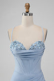 Light Blue Bodycon Corset Spaghetti Straps Short Cocktail Dress