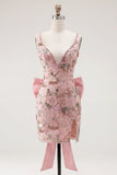 Pink V-Neck Bodycon Floral Short Formal Dress with Slit