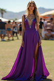 Dark Purple Spaghetti Straps Open Back Long Wedding Guest Dress