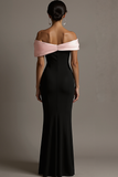 Black Pink Satin Off the Shoulder Mermaid Long Formal Dress