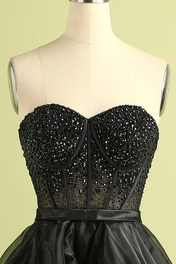 Sparkly Black Corset Beaded Sweetheart Long Formal Dress
