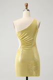 Stylish Yellow Bodycon One Shoulder Cocktail Dress with Hollow Out