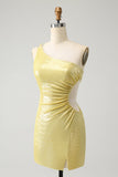 Stylish Yellow Bodycon One Shoulder Cocktail Dress with Hollow Out