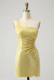 Stylish Yellow Bodycon One Shoulder Cocktail Dress with Hollow Out