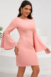 Bodycon Pink Round Neck Midi Cocktail Dress with Long Sleeves