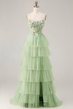 Strapless Green A Line Corset Tiered Ruffle Tulle Long Prom Dress with Slit