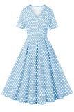 Blue Lapel Neck Polka Dots Vintage Dress with Short Sleeves