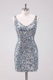 Sparkly Silver Bodycon V-Neck Short Homecoming Dress with Sequins