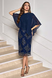 Navy Sheath Tea Length Appliqued Mother of the Bride Dress with Wrap