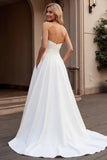 Simple Ivory Strapless A Line Satin Sweep Train Wedding Dress